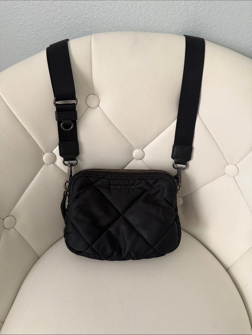 MZ WALLACE Black Madison Quilted Black Crossbody Bag Italian Leather Accents